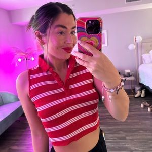 BDG | Red Striped Crop Polo Tank Medium